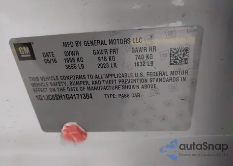 2016 Chevrolet Sonic Lt Auto z USA, uszkodzony, nr VIN 1G1JC6SH1G4171384